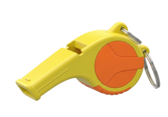 Isolated two-tone safety whistle for sports or emergency use, yellow and orange colorway