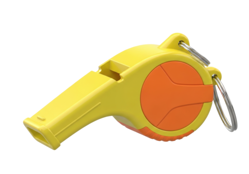 Isolated two-tone safety whistle for sports or emergency use, yellow and orange colorway