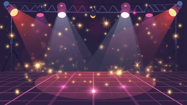 A vector illustration shows a vibrant stage with spotlights and a geometric grid floor, creating a dynamic and energetic atmosphere perfect for events.