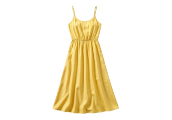 Isolated yellow slip dress featuring spaghetti straps and an elastic waistband; women's apparel