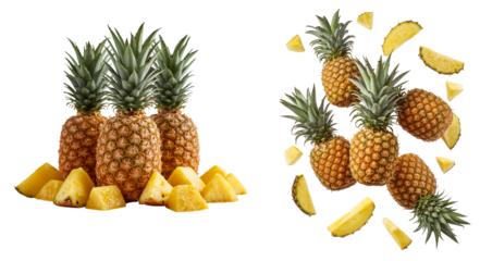 Fresh pineapples whole and pieces isolated on transparent background