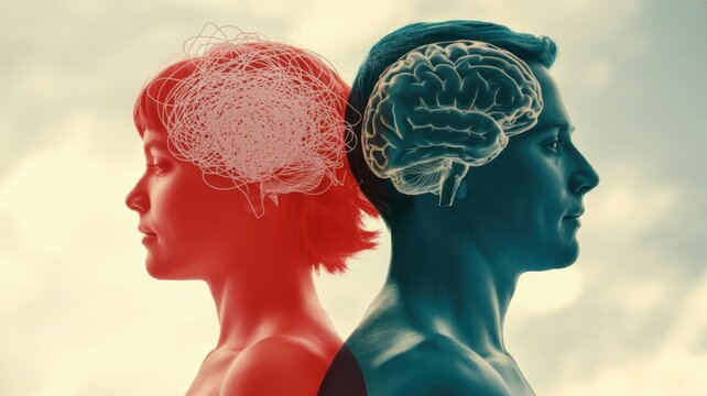 Conceptual image of a man and a woman standing back to back, showcasing the contrast between logical and emotional thinking processes