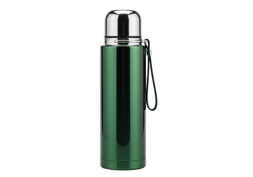 Isolated dark green stainless steel vacuum flask with chrome lid for hot beverages