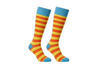 Isolated pair of knee-high striped socks in blue, orange, and yellow, ready for wear