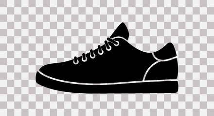 Black silhouette of a canvas sneaker with white laces and sole detail