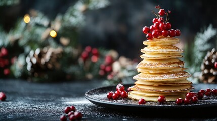 a stack of pancakes shaped like christmas trees, dusted with sugar and topped with red berries, elegant dark background adorned with pine branches and garlands, festive atmosphere