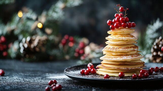 a stack of pancakes shaped like christmas trees, dusted with sugar and topped with red berries, elegant dark background adorned with pine branches and garlands, festive atmosphere