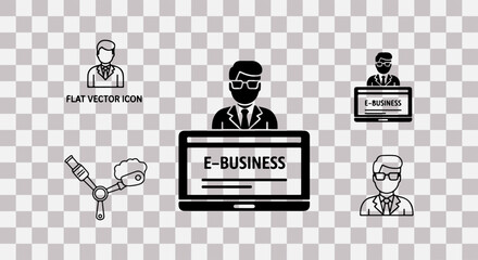Flat vector icons representing business concepts and technology on a transparent background