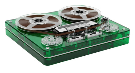Isolated Vintage Tape Recorder on Display, Analog Audio Equipment, Green Translucent Design