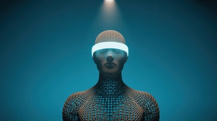 A futuristic humanoid figure with a glowing headband stands against a deep blue backdrop, illuminated by a bright spotlight overhead, creating a sense of mystery