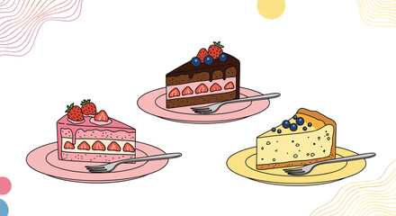 Three delightful slices of cake, including strawberry shortcake, chocolate cake with berries, and blueberry cheesecake, presented on plates with forks.