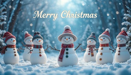 Cheerful Snowmen in Snowy Winter Landscape for Merry Christmas and Happy New Year Greeting Card