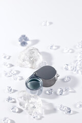 Luxury silver jewelry box with crystal diamonds gems on white background