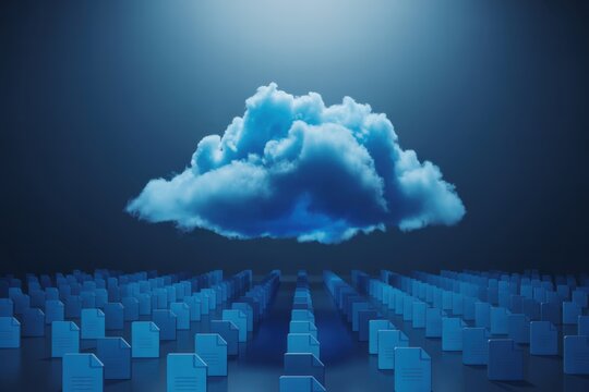 A fluffy cloud hovers over rows of data files, symbolizing cloud computing, data storage, and the seamless transfer of information in the digital age