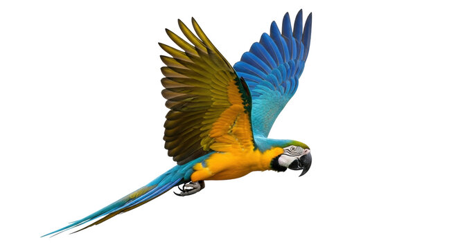 Isolated Blue and Gold Macaw Flying Upward, Spectacular Parrot with Vibrant Feathers - Powered by Adobe