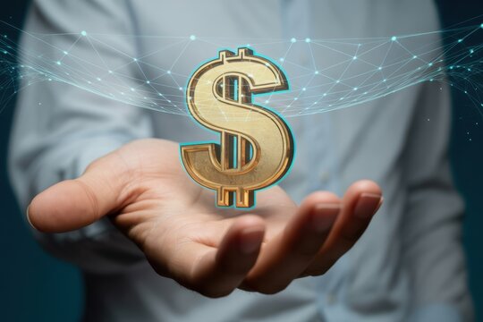 Closeup of a hand holding a golden dollar sign with glowing digital network, symbolizing financial technology and investment opportunities