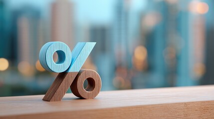 Wooden percentage symbol on city background – concept of finance, economy and interest rates