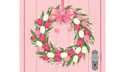 Charming pink tulip wreath with bow adorning a pastel door creates a welcoming, cheerful, and stylish spring ambiance for your design