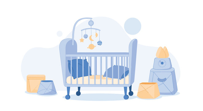 A cozy baby nursery depicted in a soft blue and yellow vector illustration, featuring a crib with a celestial mobile and storage boxes. - Powered by Adobe