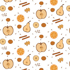 A seamless pattern of spices and dried fruits. Apple slices and pear.