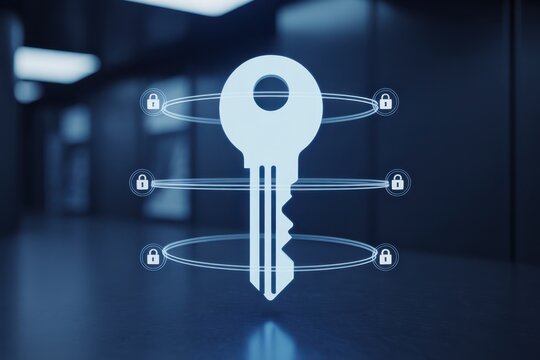 A glowing key hovers in a dark, futuristic hallway, surrounded by rotating rings of padlocks, symbolizing digital security and access control