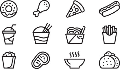 Food and fast meal icon set. Vector glyph pictograms of pizza, burger, fries, snack craving, junk taste, restaurant dining, kitchen cooking, appetite hunger black silhouette