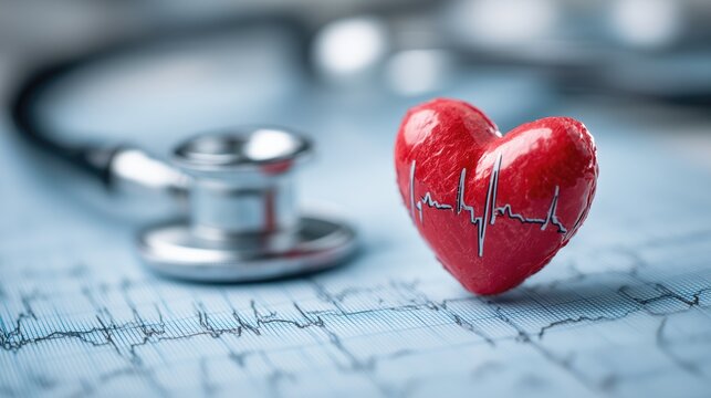 Red heart with electrocardiogram and stethoscope &ndash; cardiology and healthcare concept