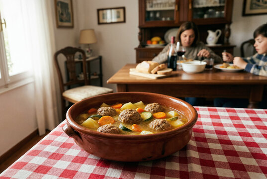 Cazuela de alb&oacute;ndigas caseras con verduras en mesa de cocina tradicional durante comida familiar