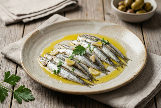 Boquerones en aceite de oliva virgen extra con ajo laminado y perejil fresco, acompa&ntilde;ados de aceitunas verdes