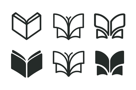 Book Binding Logos. Book binding. Icon set. Set Logo of book binding: open pages forming butterfly shape. harmonious logo variations of the same emblematic