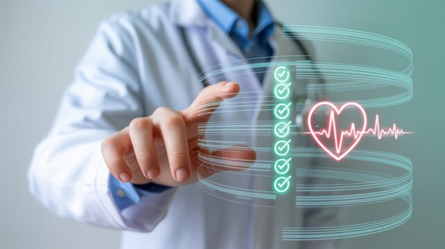Doctor in lab coat interacting with digital interface displaying heart rate and vital signs, symbolizing modern healthcare and medical technology