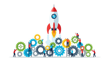 Teamwork fuels innovation as a vibrant rocket soars, symbolizing business growth and collaborative success in a competitive market