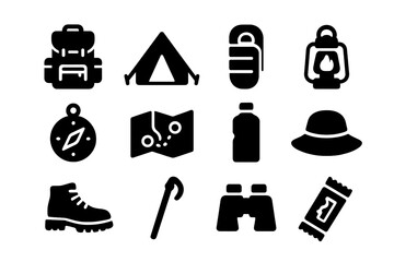 Camping Essentials Icons. Camp adventure kit. Solid icon set of camp adventure kit: backpack, tent, sleeping bag, lantern, compass, map, water bottle, hat,