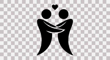 Abstract black silhouette of two people embracing with a heart above