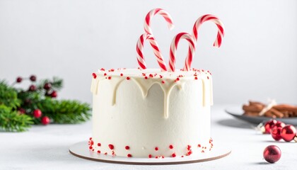 White frosted cake decorated with red and white candy canes, placed on white stand with pine branches and pinecones.