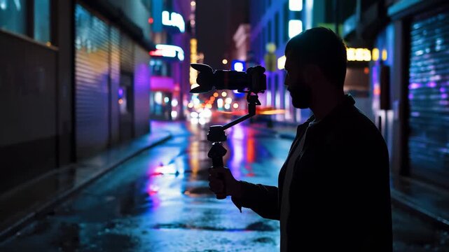 Silhouette of a Filmmaker Holding a Camera Stabilizer in a Neon-Lit Urban Alley at Night, Capturing the Vibrant Atmosphere of City Lights and Reflections