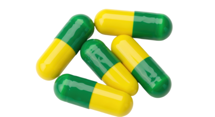 Isolated group of medicine capsules lying on surface with yellow and green segments for health
