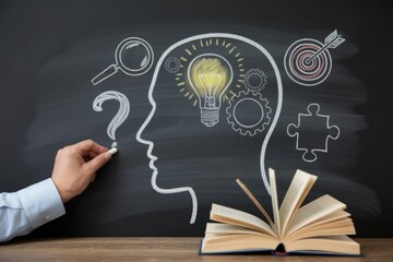 A hand drawing a question mark on a blackboard filled with symbols of ideas, creativity, and problemsolving with an open book in the foreground