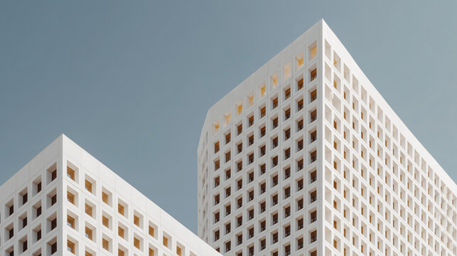 Modern office building with clean white facade and repetitive window grid geometric rhythm and minimalist architectural expression under daylight sky. - Powered by Adobe