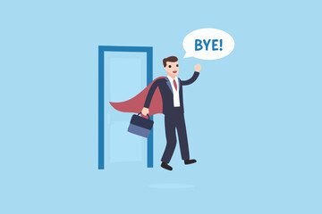 Superhero businessman leaving office with cape and briefcase saying goodbye