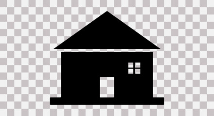 Simple black silhouette of a house with a door and window on a transparent background
