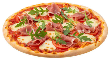 Delicious prosciutto and arugula pizza with fresh mozzarella cheese isolated on white background