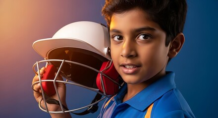 a young boy gazes forward while holding a cricket helmet showcasing a sporty and determined expression with blue and red accents high quality professional detailed modern