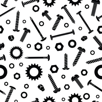 Black and white pattern of screws nuts bolts gears and washers