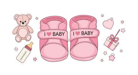 Pink baby booties with a teddy bear, bottle, and other baby essentials, illustrating a sweet newborn girl theme.