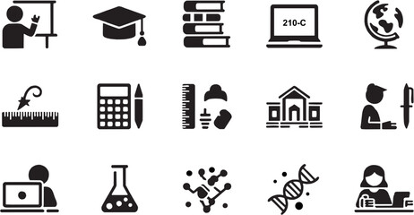 School and education knowledge icon set. Vector glyph pictograms of books, pencil, school building, learning subject, classroom study, academic syllabus, homework task, teaching material black silhoue