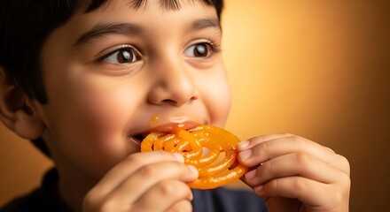 a young boy with a delighted expression enjoys a vibrant piece of jalebi a classic indian sweet savoring its sugary and syrupy goodness with joy