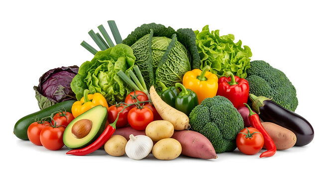 A vibrant assortment of fresh healthy vegetables and fruits piled together isolated on white background