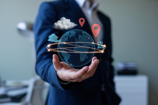 A man in a suit holds a holographic globe with location pins, representing global connectivity, data visualization, and modern technology - Powered by Adobe