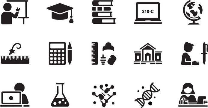 School and education knowledge icon set. Vector glyph pictograms of books, pencil, school building, learning subject, classroom study, academic syllabus, homework task, teaching material black silhoue